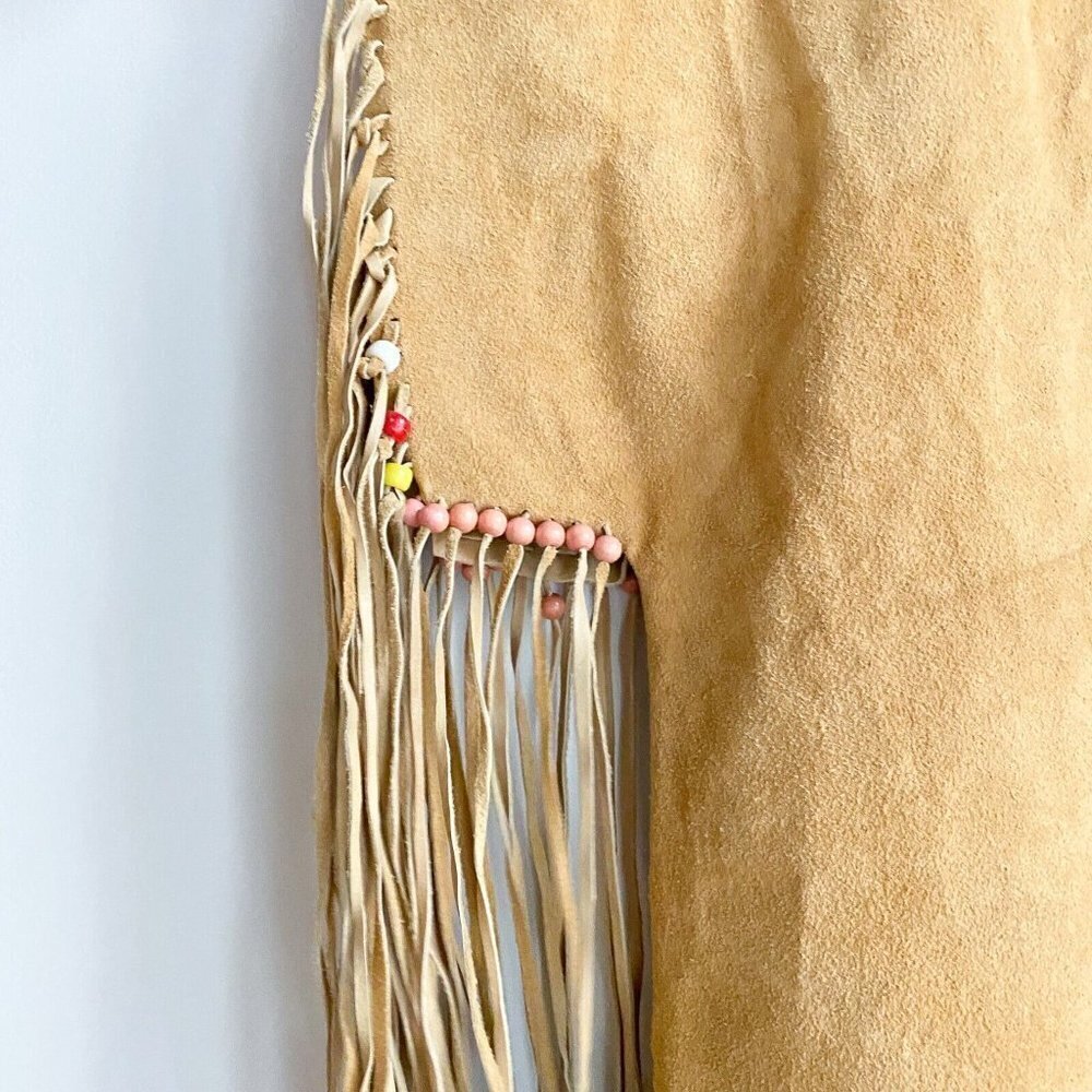 Vintage Handmade Suede Asymmetrical Hem Fringe Bead Detail Boho Simple Dress L - Picture 7 of 8